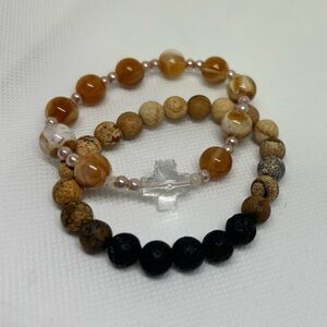 Natural Stone‎ Beaded Bracelet Set Jasper Lava Rock Clear Quartz Cross Boho